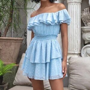 Yumi Kim Powder Blue Gold Metallic Polka Dot Daria Off The Shoulder Dress